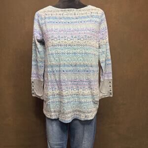 J. Jill Fair Isle Thermal Waffle Knit L/S Top Petite S Boat Neck 185292 Pockets